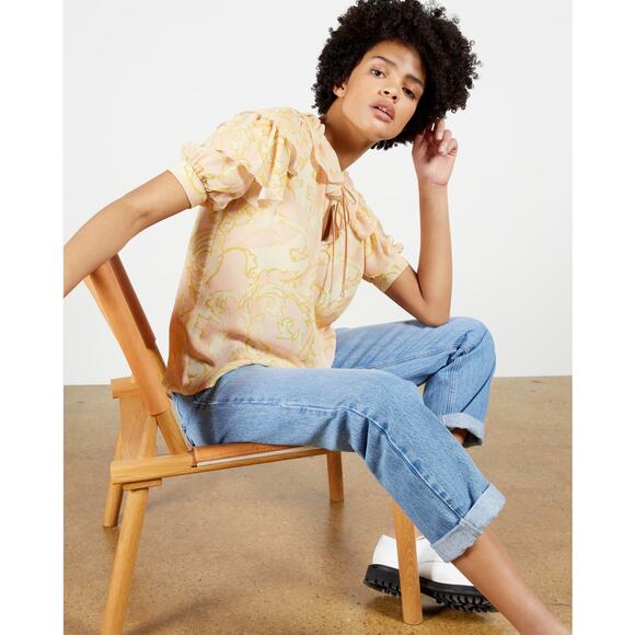 Ted Baker Frisis MIB Frill Printed Top Light Yellow Womens Size 2 Ted Size 0 - Picture 4 of 14